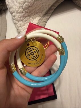 Turquoise & Ivory Resin Buddha Girl Bangle Set with Gold Accents